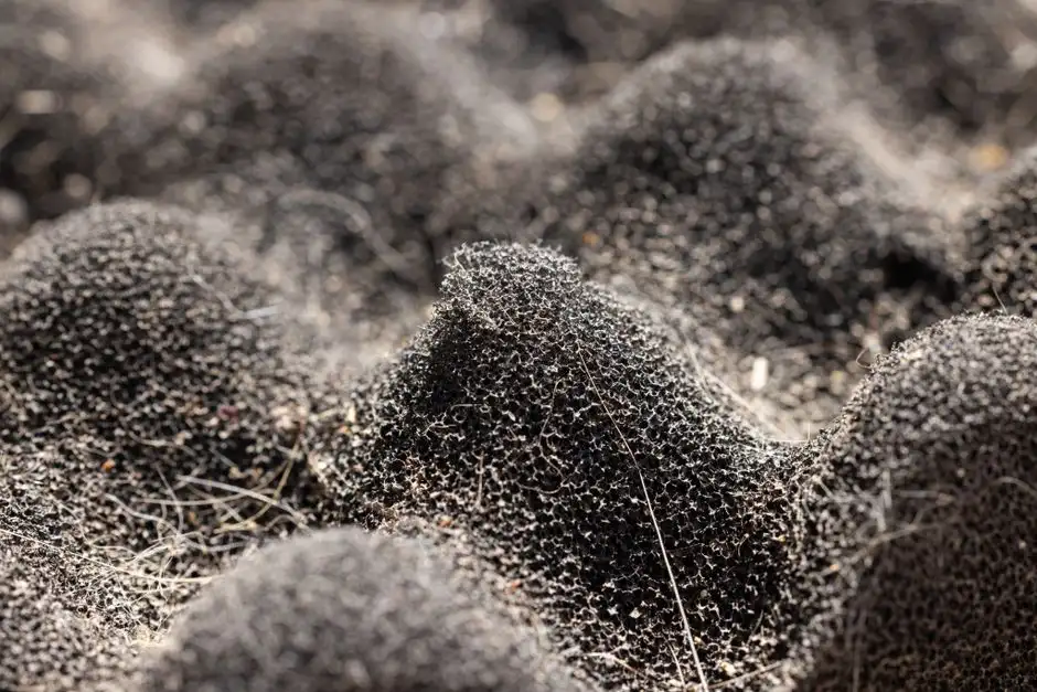 Detailed close-up of a dark, textured synthetic sponge surface showcasing intricate patterns.
